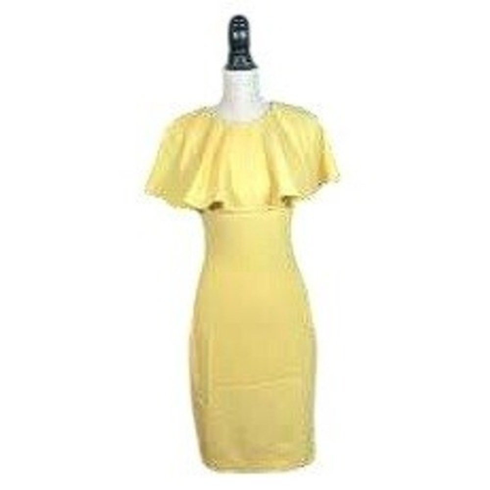 Vince Camuto Yellow Ruffle Cape Sleeve Sheath Dress VC8M8029 Womens 8 NEW